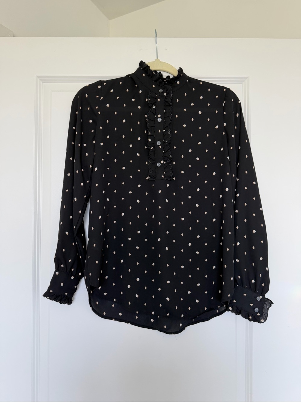 Ann Taylor Black Diamond-Print Ruffle Neck Long-Sleeve Blouse
